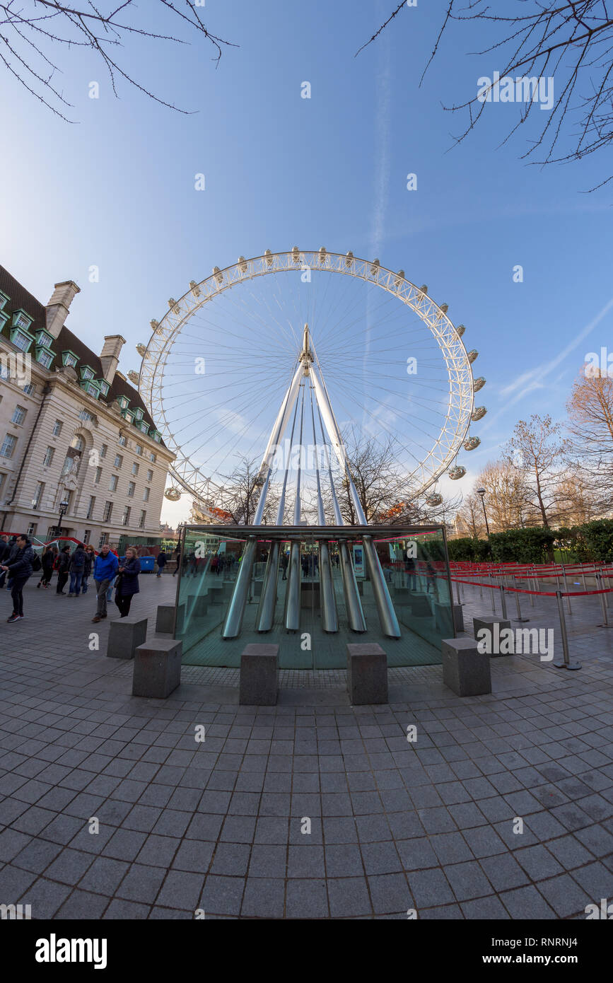 Wide angle fisheye low view of the Coca Cola London Eye, famous ferris