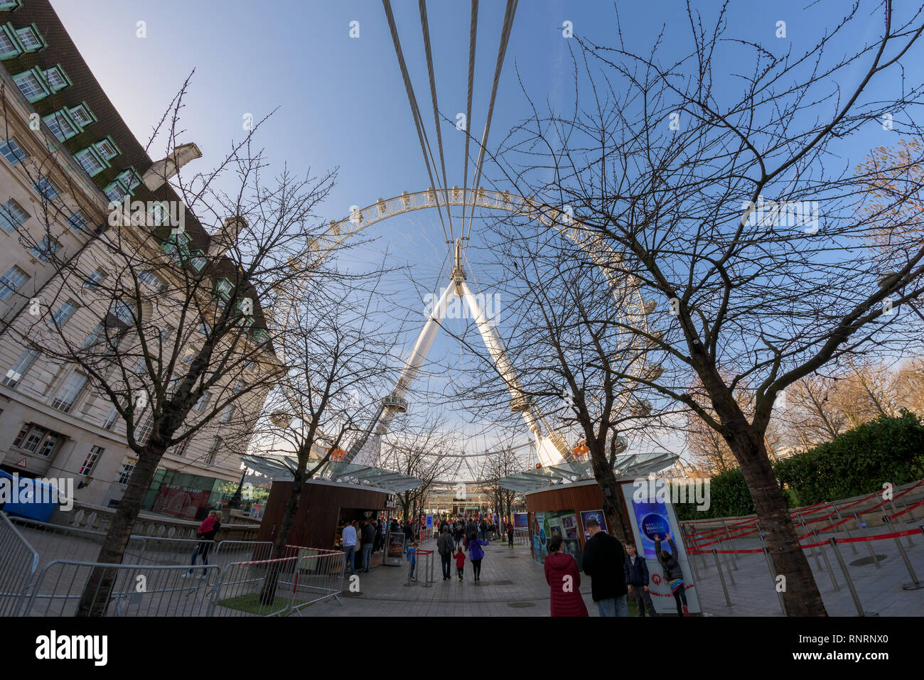 Wide angle fisheye low view of the Coca Cola London Eye, famous ferris