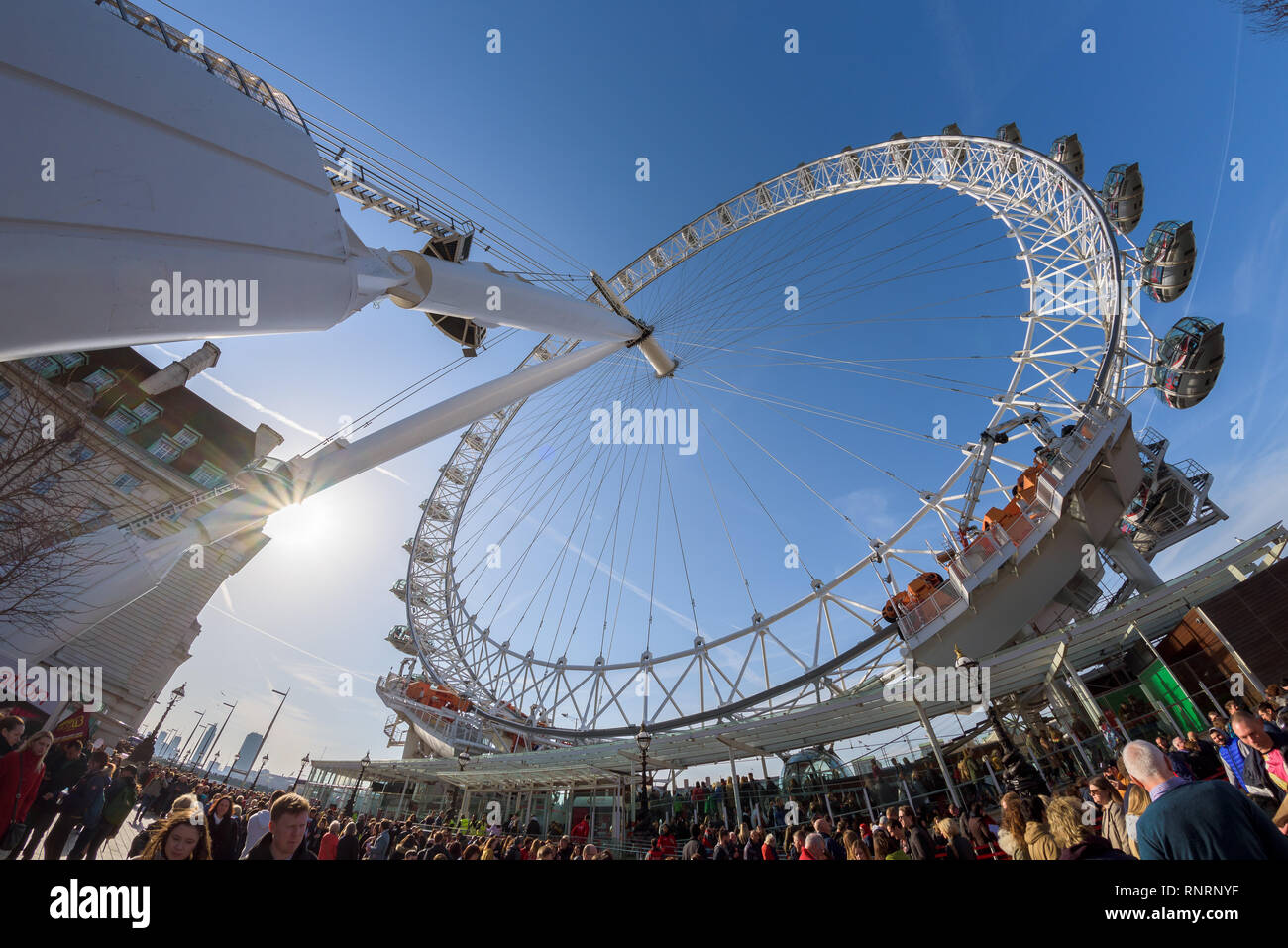 Wide angle fisheye low view of the Coca Cola London Eye, famous ferris