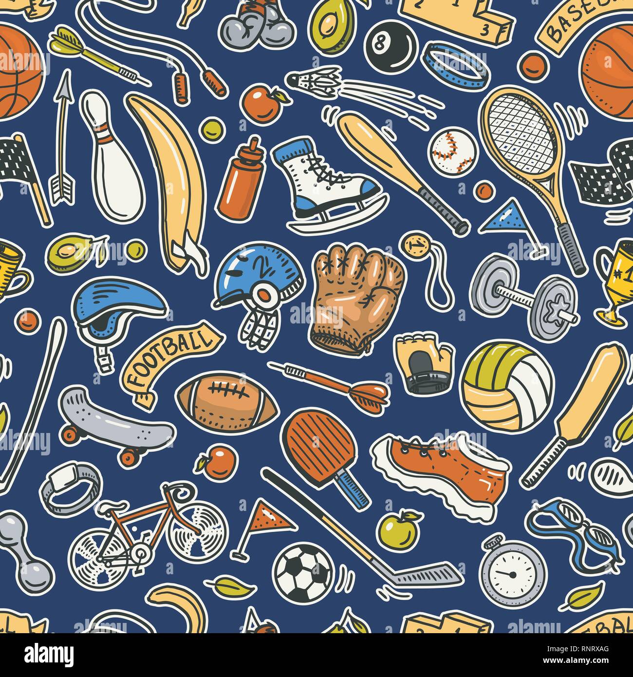 Sport Seamless pattern. Icons doodle style. Equipment for fitness and ...