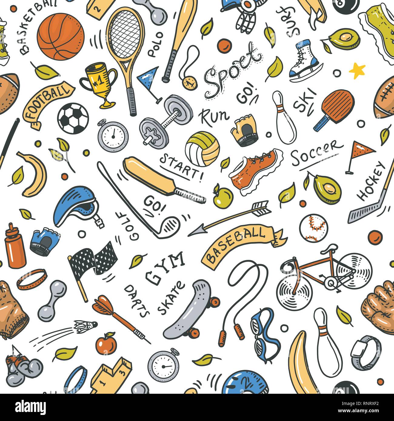 Sport Seamless pattern. Icons doodle style. Equipment for fitness