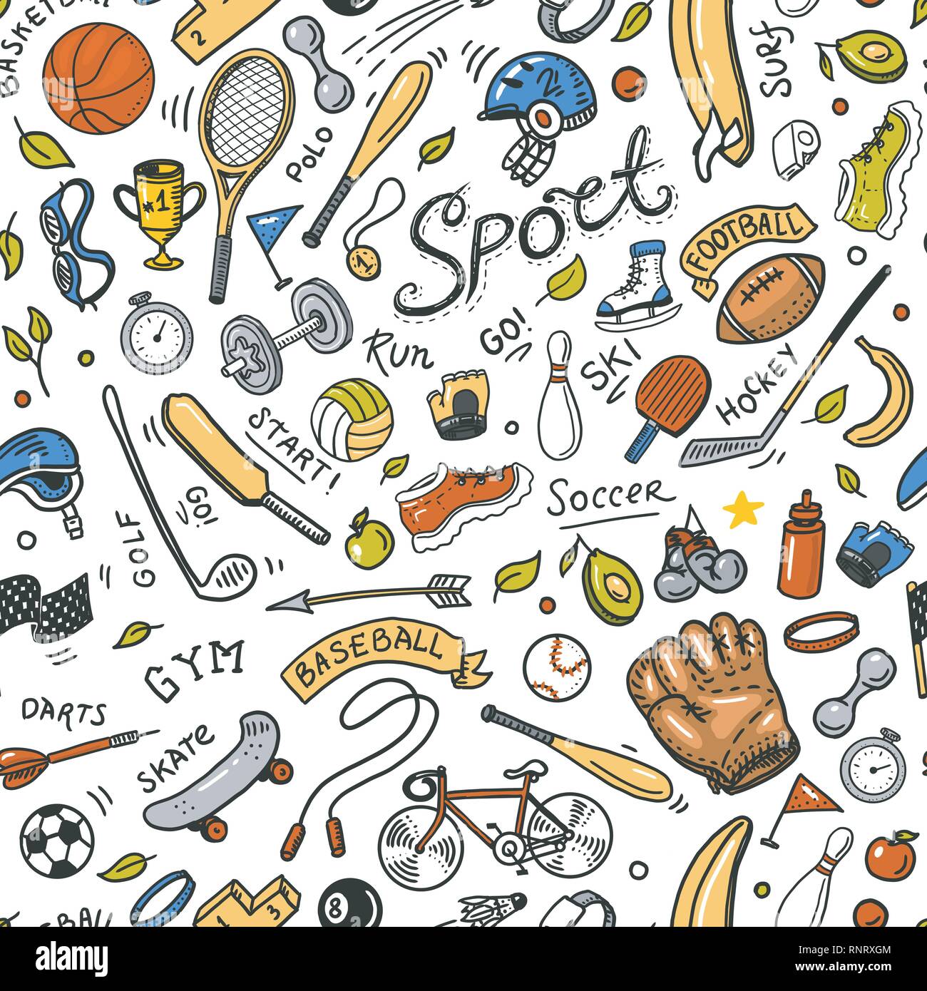 Sport Seamless pattern. Icons doodle style. Equipment for fitness and ...