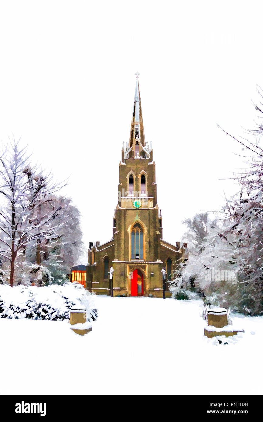 Christmas-card style painterly image of St Michael's Church in the snow, South Grove, Highgate Village, London, UK Stock Photo