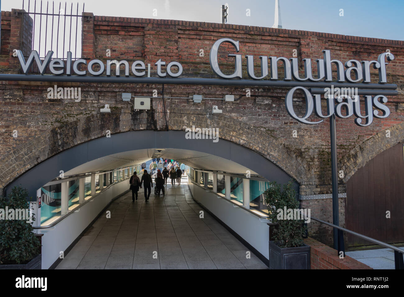 Welcome to Gunwharf quays sign and entrance tunnel Southsea, Portsmouth, Hampshire, UK Stock Photo