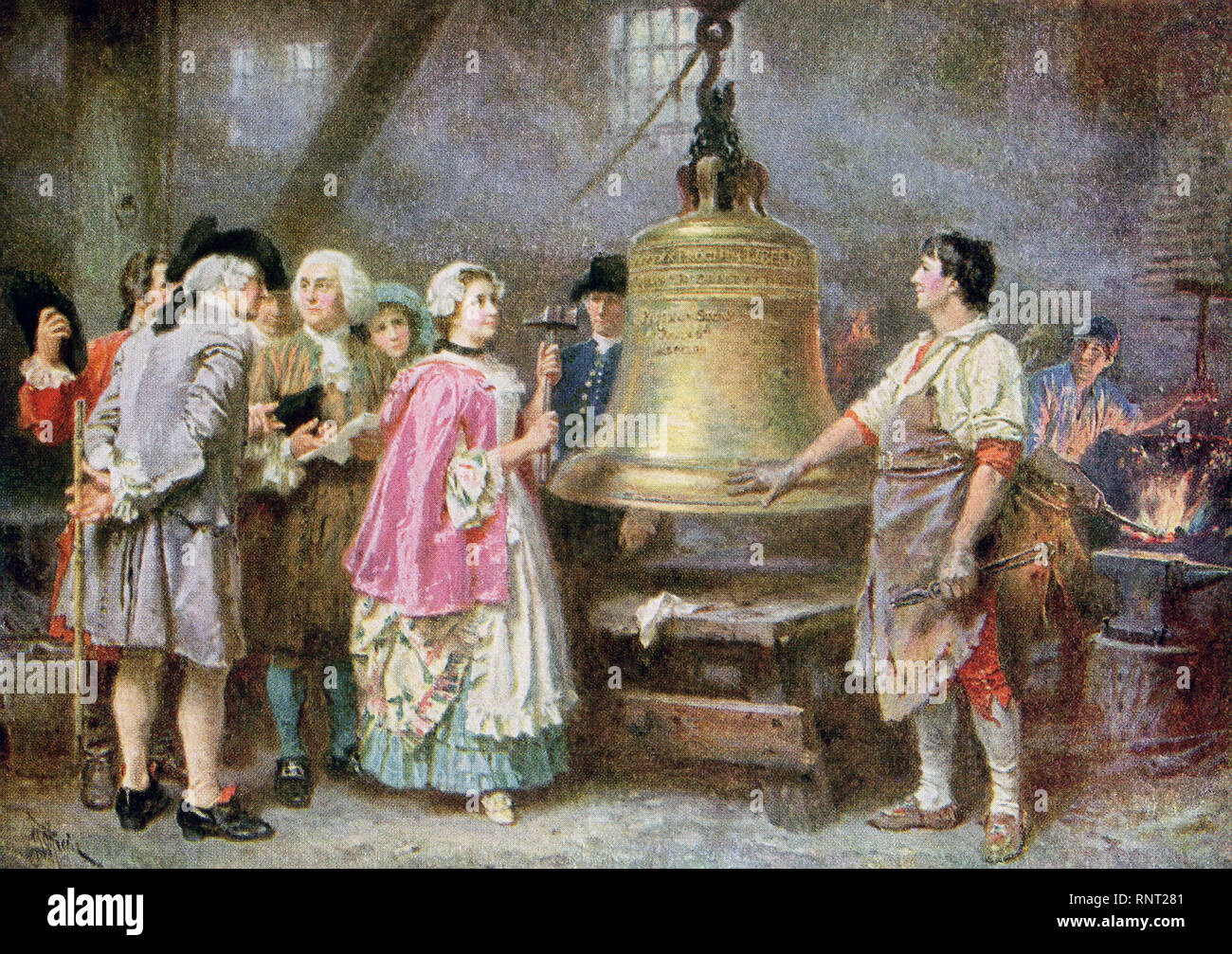 This illustration dates to 1922 and is titled Liberty Bell's First Note 1793. The artist is L J G Ferris American painter, who died in 1930. The Liberty Bell is a familiar symbol of freedom in the United States. It was ordered by the Pennsylvania Assembly in 1751 to commemorate the 50-year anniversary of William Penn's 1701 Charter of Privileges; it was to be installed in 1752 in the Pennsylvania State House, now known as Independence Hall. The bell was cast in London, England and then shipped to Pennsylvania. Soon after it arrived, the English bell cracked. In 1753, a new bell was cast from t Stock Photo