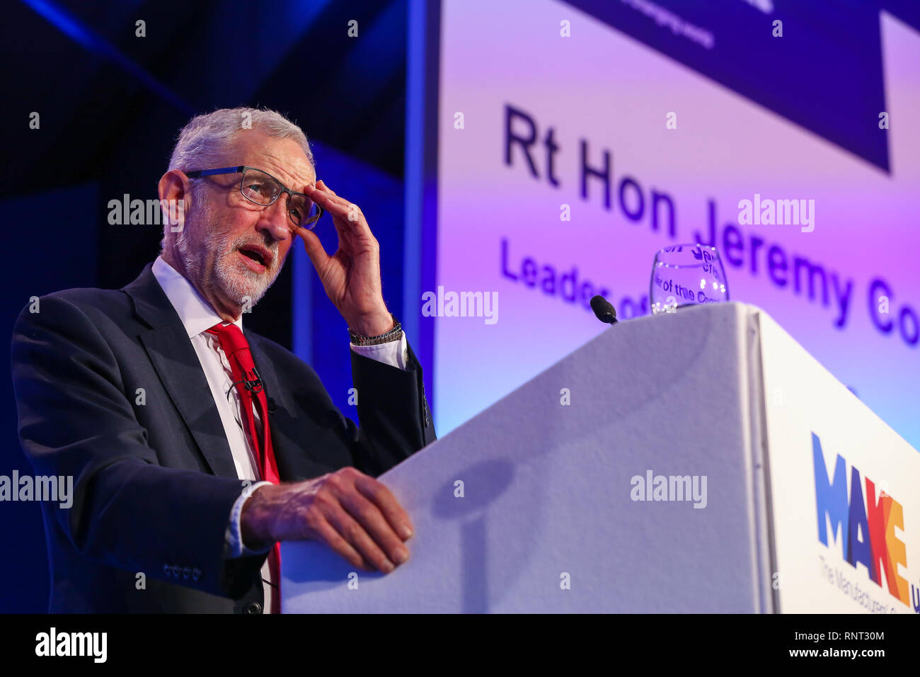 Jeremy Corbyn MP Leader of Labor Party is seen speaking during the 2019 National Manufacturing Conference in Queen Elizabeth II Center. The conference addresses the difficulties and challenges the manufacturing sector will face post-Brexit. Stock Photo