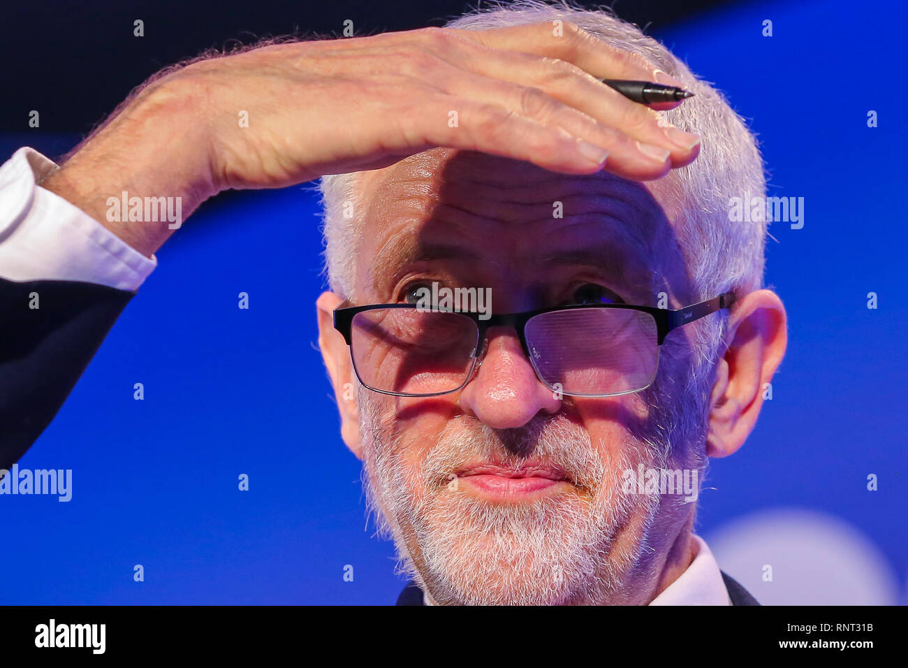 Jeremy Corbyn MP Leader of Labor Party is seen speaking during the 2019 National Manufacturing Conference in Queen Elizabeth II Center. The conference addresses the difficulties and challenges the manufacturing sector will face post-Brexit. Stock Photo