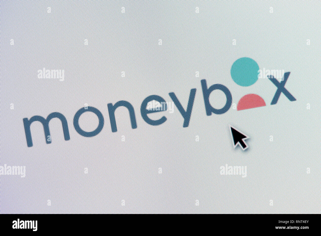 The logo of Moneybox is seen on a computer screen along with a mouse cursor (Editorial use only) Stock Photo