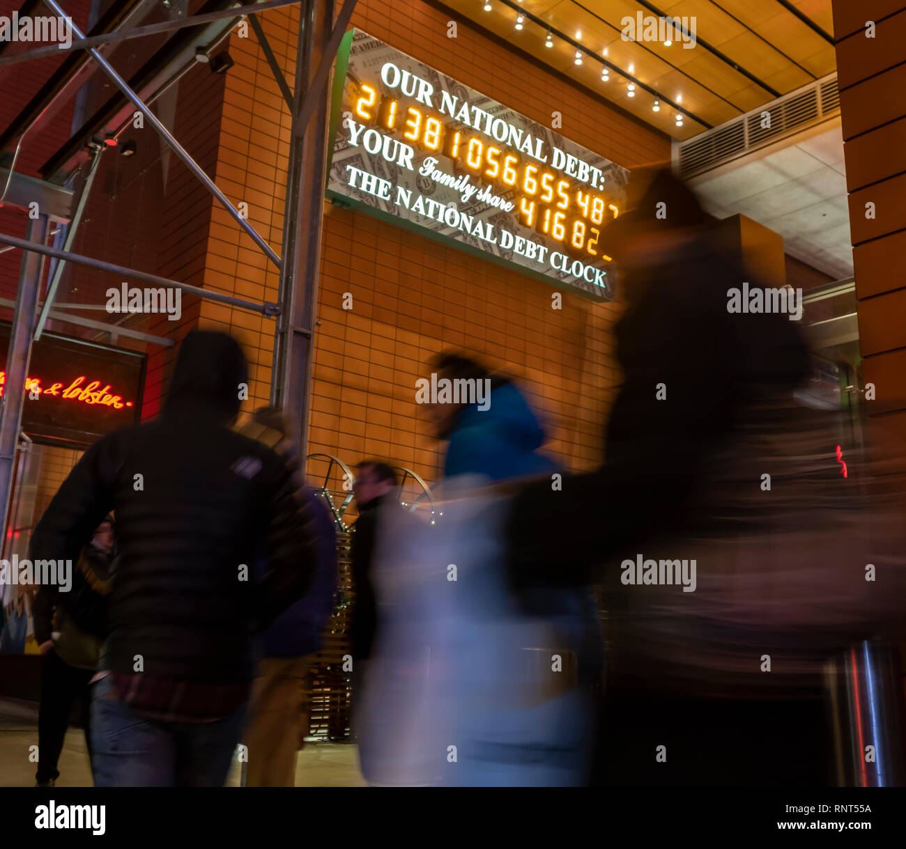 The National Debt Clock is seen in New York on Wednesday, February 13, 2019. Despite the clock being out of sync, the U.S. Treasury Dept. reported that the U.S. National Debt has surpassed $22 trillion. (Â© Richard B. Levine) Stock Photo