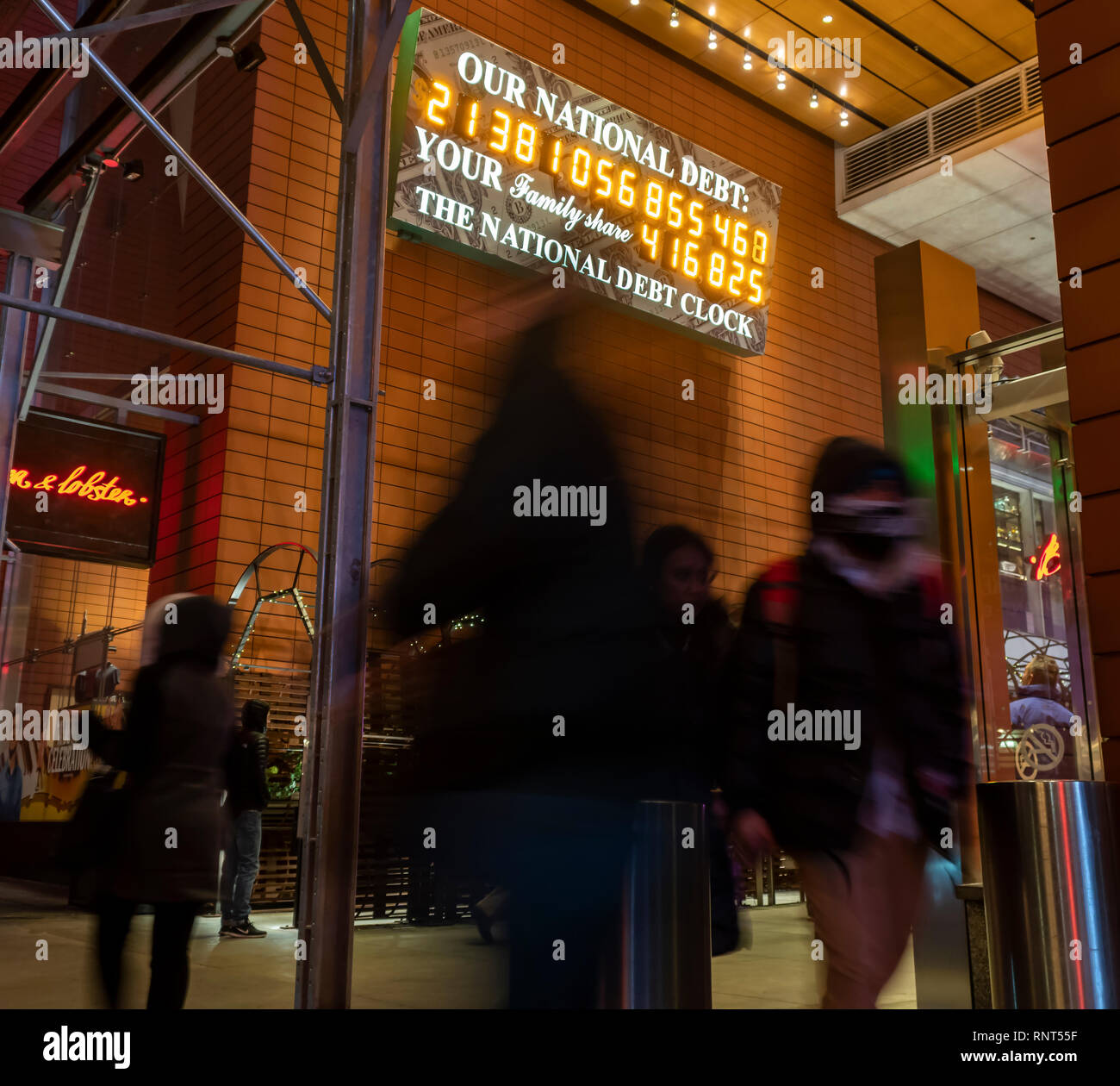 The National Debt Clock is seen in New York on Wednesday, February 13, 2019. Despite the clock being out of sync, the U.S. Treasury Dept. reported that the U.S. National Debt has surpassed $22 trillion. (Â© Richard B. Levine) Stock Photo