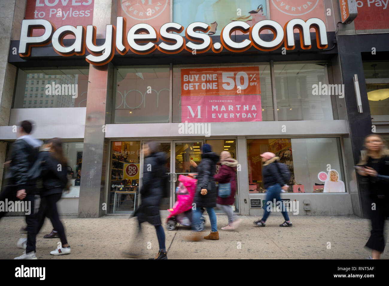 A Payless ShoeSource store in Herald Square in New York on Friday, February 15, 2019. The retailer is reported to be planning to close all 2300 stores as it files for bankruptcy at the end of February unless a buyer for the chain materializes. (© Richard B. Levine) Stock Photo