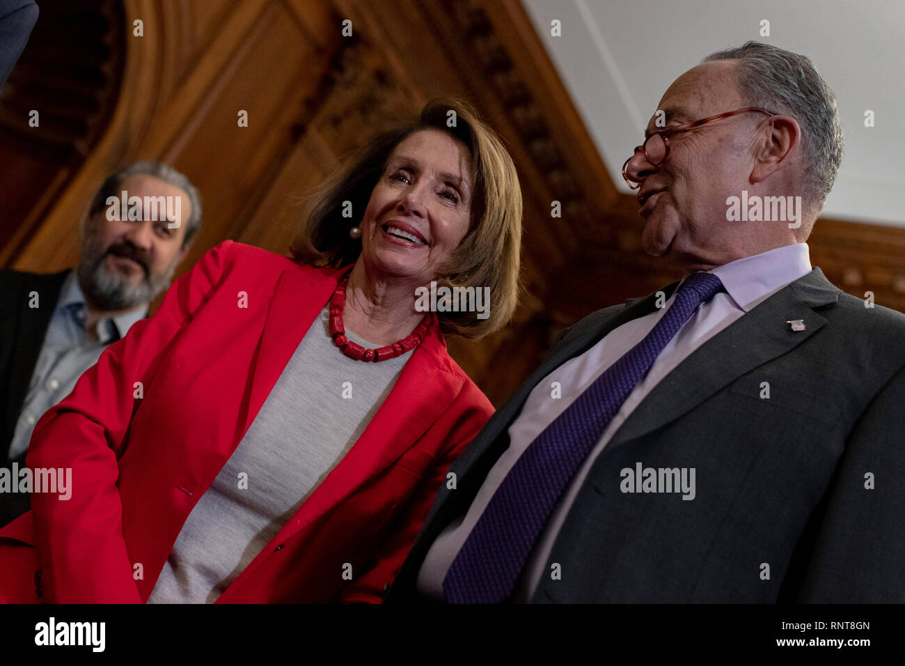 Speaker of the House of Representatives Nancy Pelosi, Democrat of California, converses with Senate Minority Leader Chuck Schumer, Democrat of New York, during a press conference on Capitol Hill in Washington, DC on January 16, 2019. Stock Photo