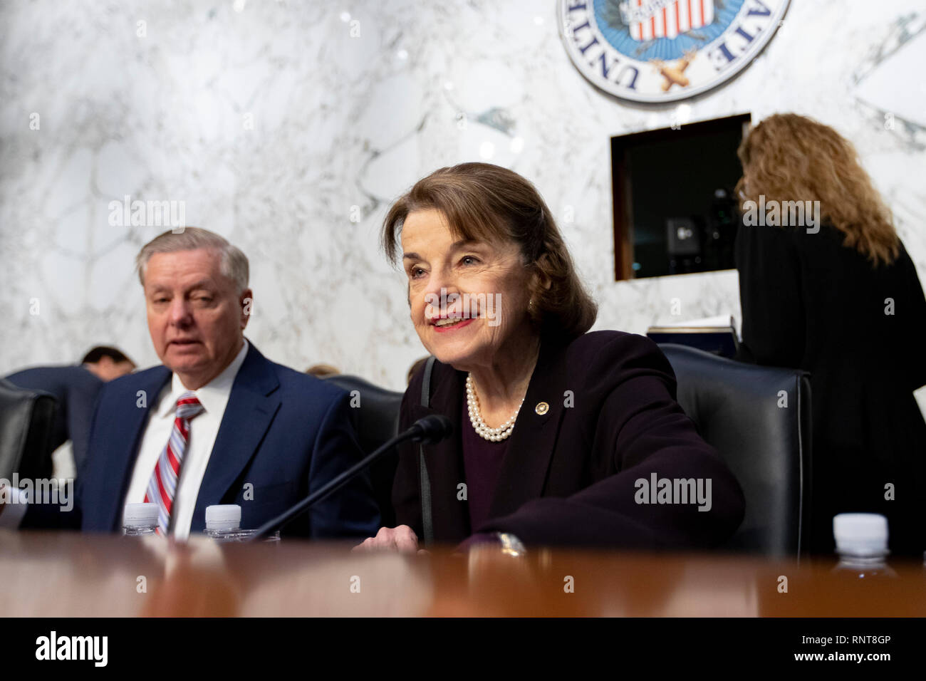 Senator Dianne Feinstein, Democrat of California, takes her seat prior to a Senate Judiciary Committee on Capitol Hill in Washington, DC on January 16, 2019. Stock Photo