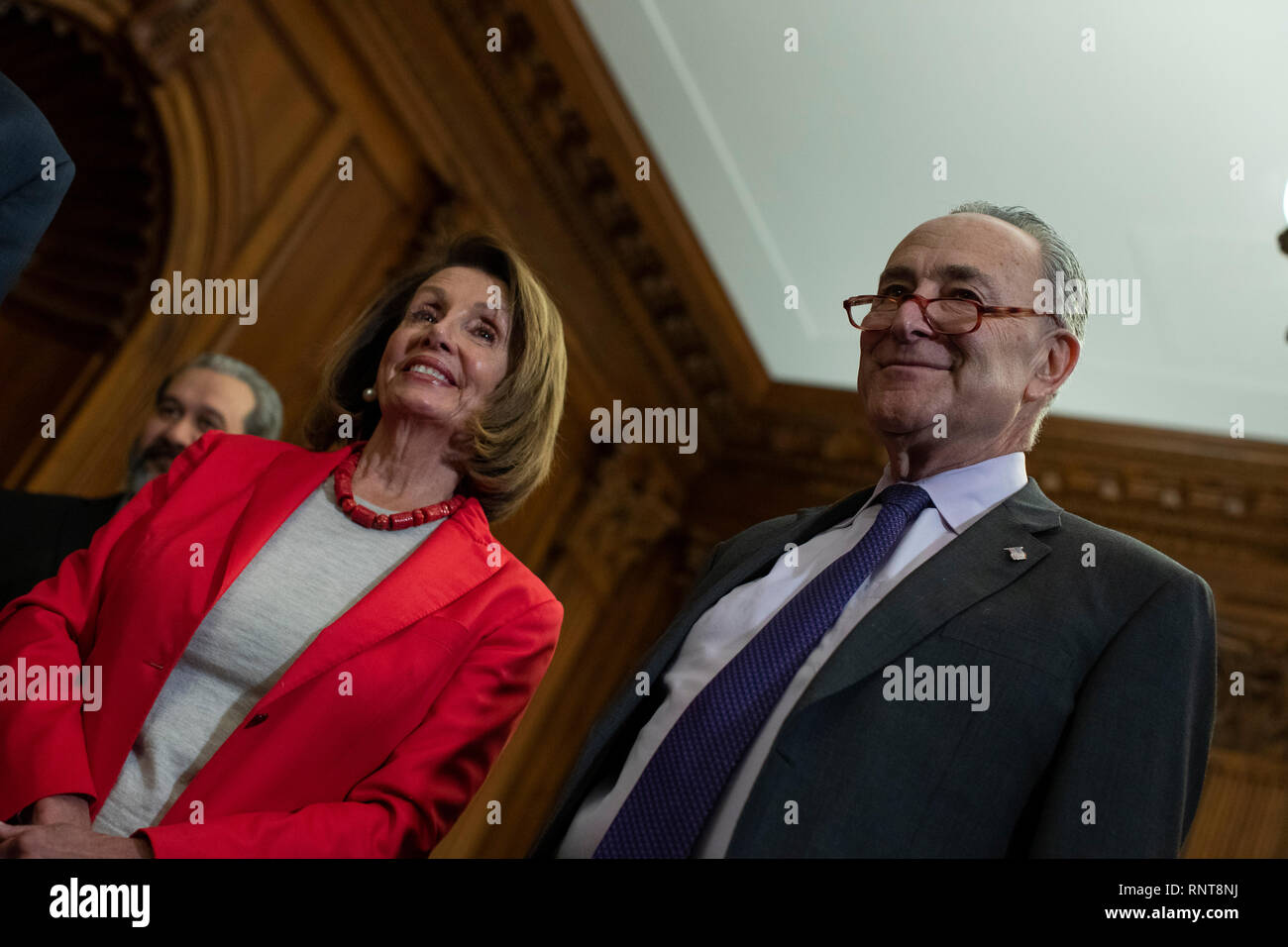 Speaker of the House of Representatives Nancy Pelosi, Democrat of California, converses with Senate Minority Leader Chuck Schumer, Democrat of New York, during a press conference on Capitol Hill in Washington, DC on January 16, 2019. Stock Photo