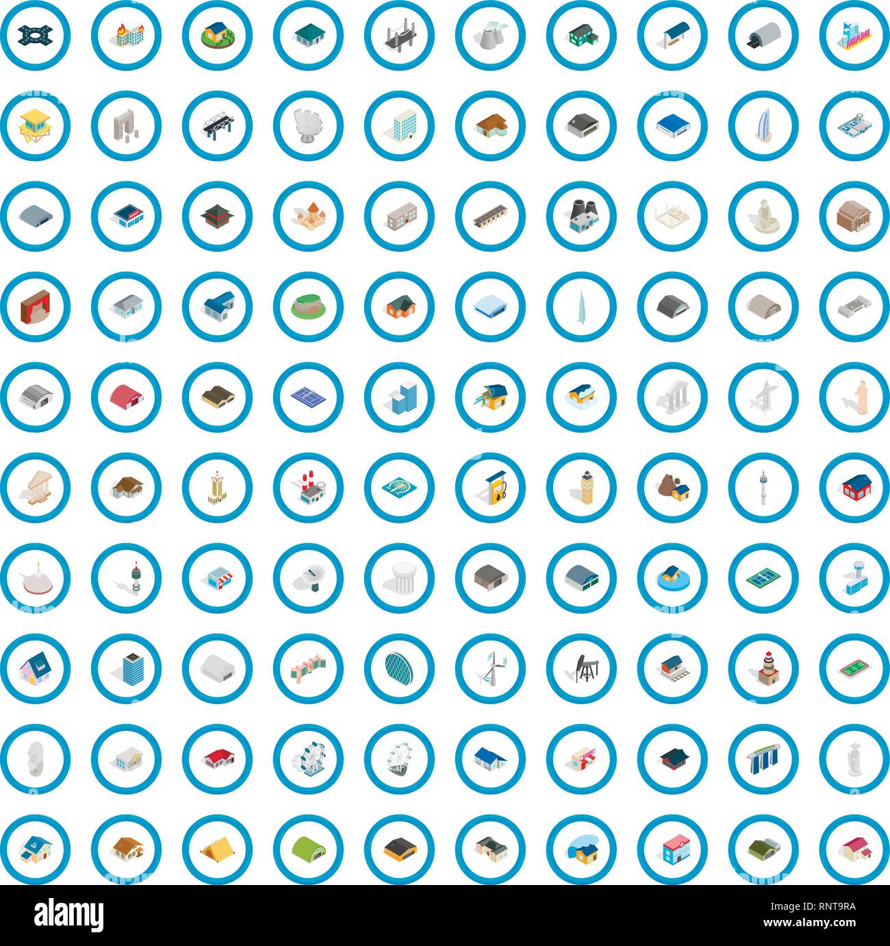100 assembly icons set, isometric 3d style Stock Vector