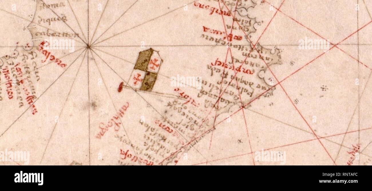 Catalonia. Nautical chart of the Mediterranean area, including Europe with British Isles and part of Scandinavia. HM 1548. anonymous, PORTOLAN CHART (Italy, 15th century).O (cropped). Stock Photo