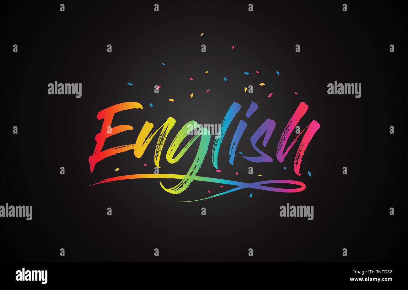 English Word Text with Handwritten Rainbow Vibrant Colors and Confetti Vector Illustration Stock