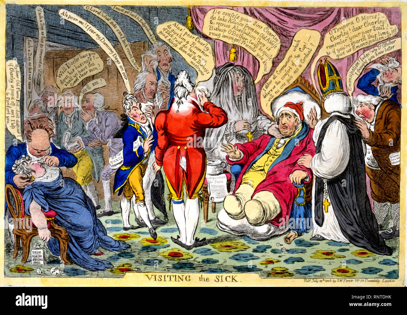 Charles Fox sitting in an armchair, obviously ill. On one side of him is Mrs. Fitzherbert, dressed as an abbess and holding a rosary; on the other side is a bishop in robes and mitre. In front of Fox, the Prince of Wales holds his handkerchief to his face. Stock Photo