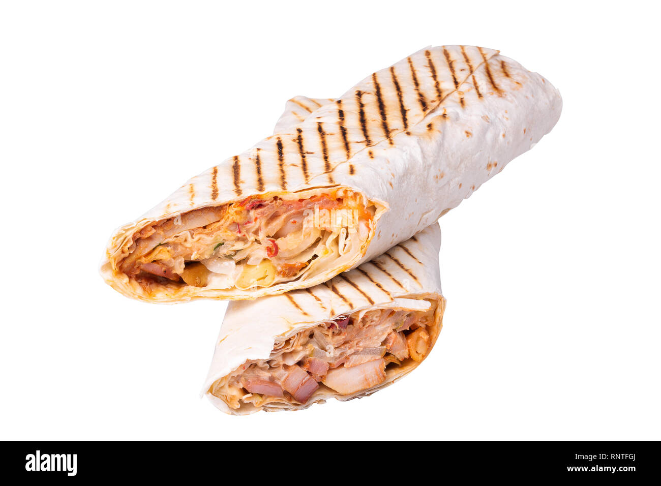 isolated two pita bread with chicken on white background Stock Photo