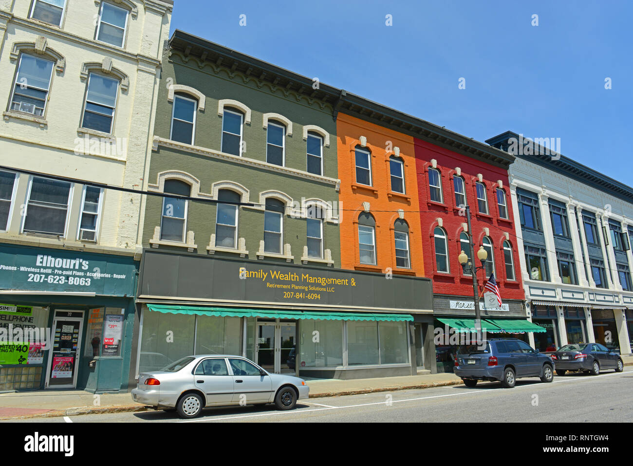 Historic Buildings on Water Street in downtown Augusta, Maine, USA