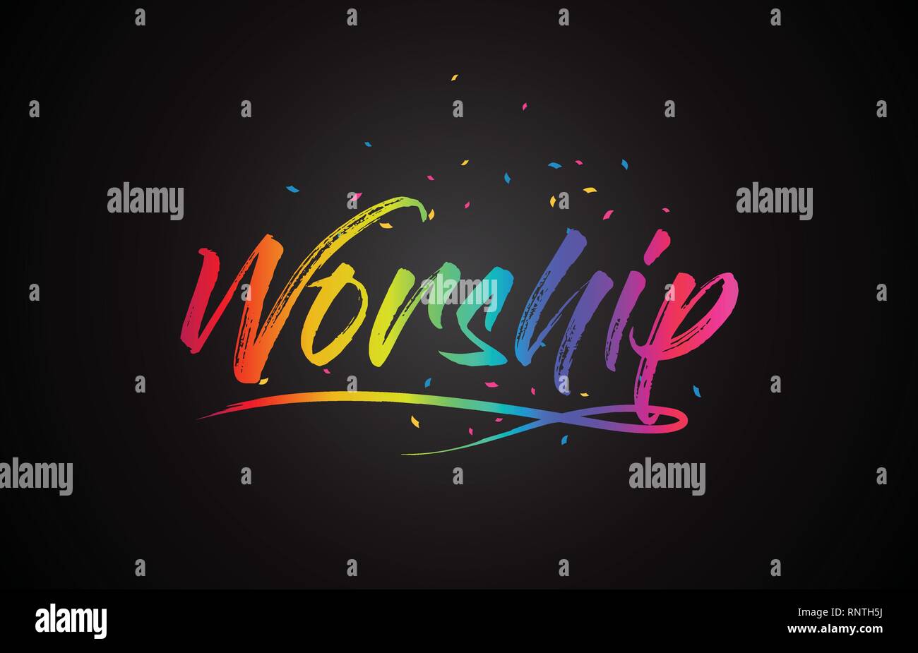 Worship Word Text with Handwritten Rainbow Vibrant Colors and Confetti