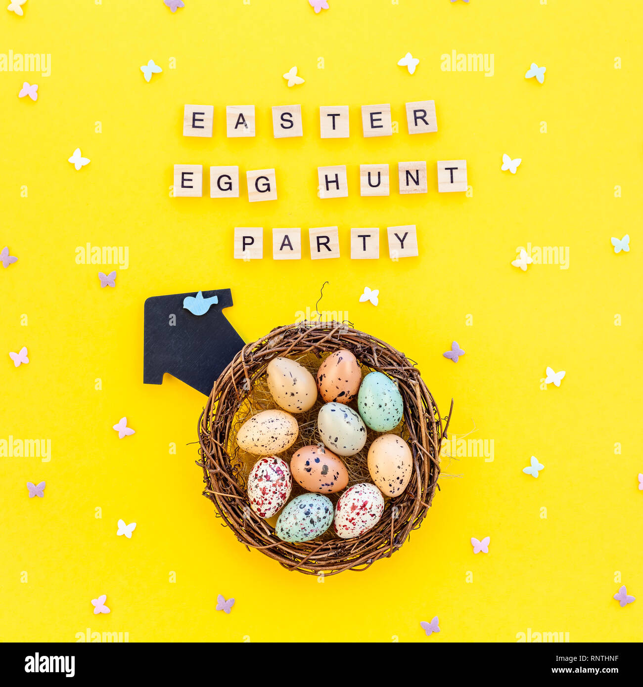 Creative Top view flat lay holiday composition Easter bunny ears eggs ...