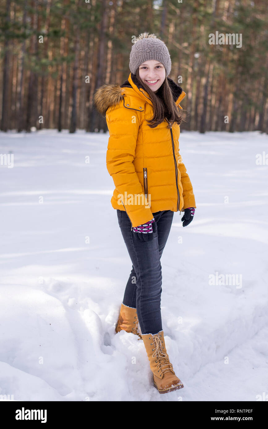 Beautiful girl in yellow jacket modeling Stock Photo Alamy