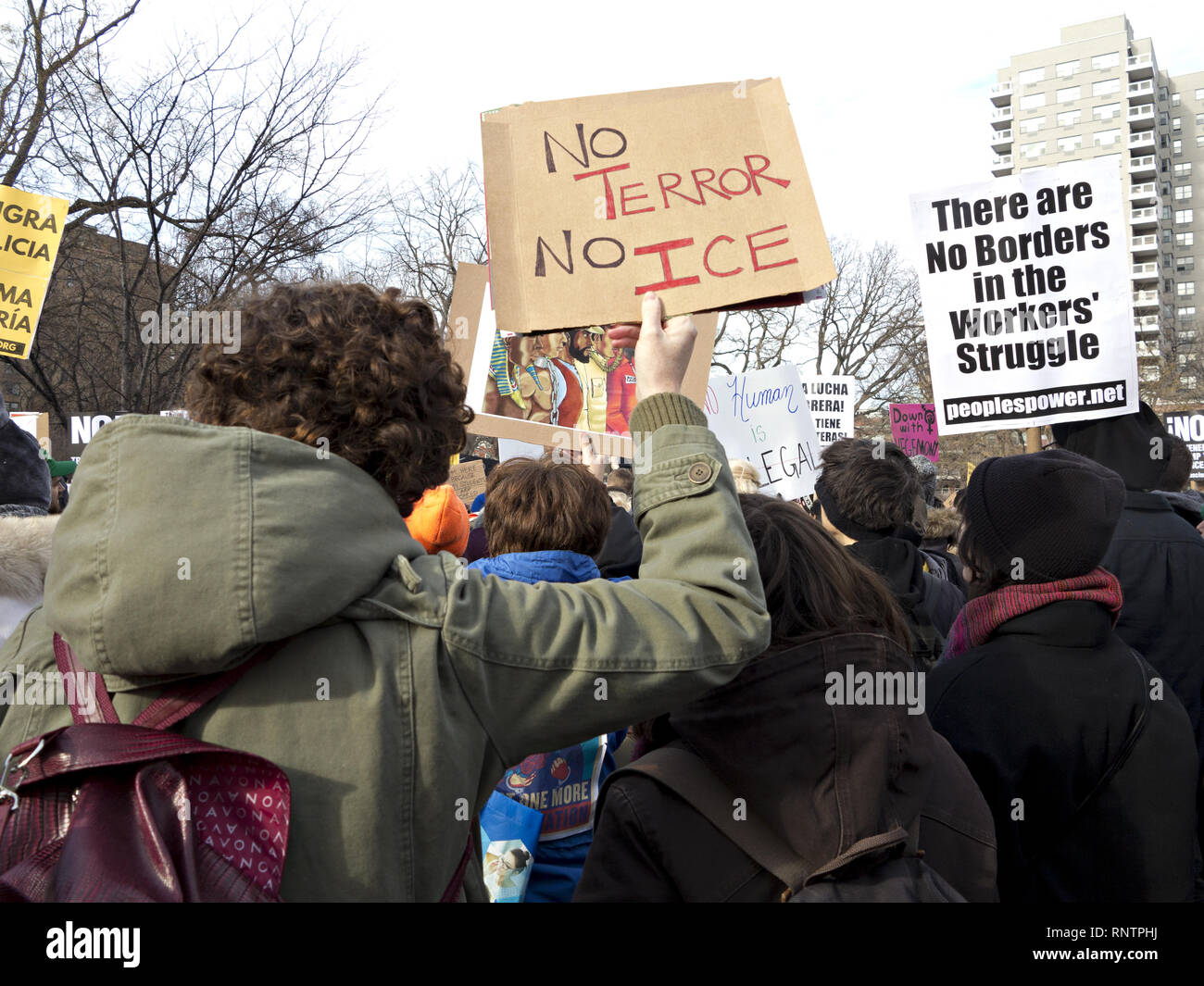 Rally against Broken Windows and I.C.E. at Washington Square Park in NYC, January 11, 2017. Stock Photo