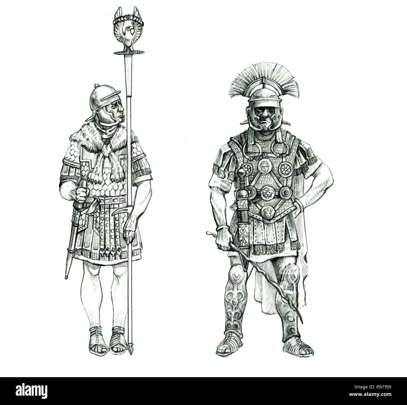 Roman infantry drawing. Centurion and signifer. Roman legionaries. Stock Photo