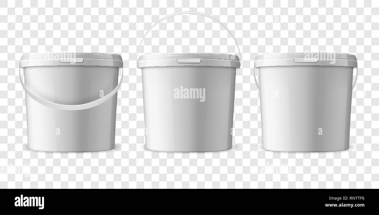 Vector Realistic 3d White Plastic Bucket for Food Products, Paint, Foodstuff, Adhesives, Sealants, Primers, Putty Set Isolated. Design Template of Stock Vector