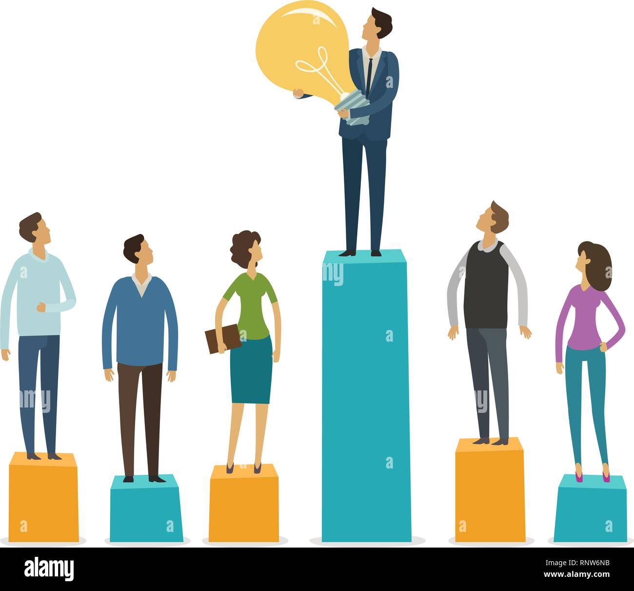Business graphics, business people stand on column graphs. Idea, motivation, competition concept. Vector illustration Stock Vector
