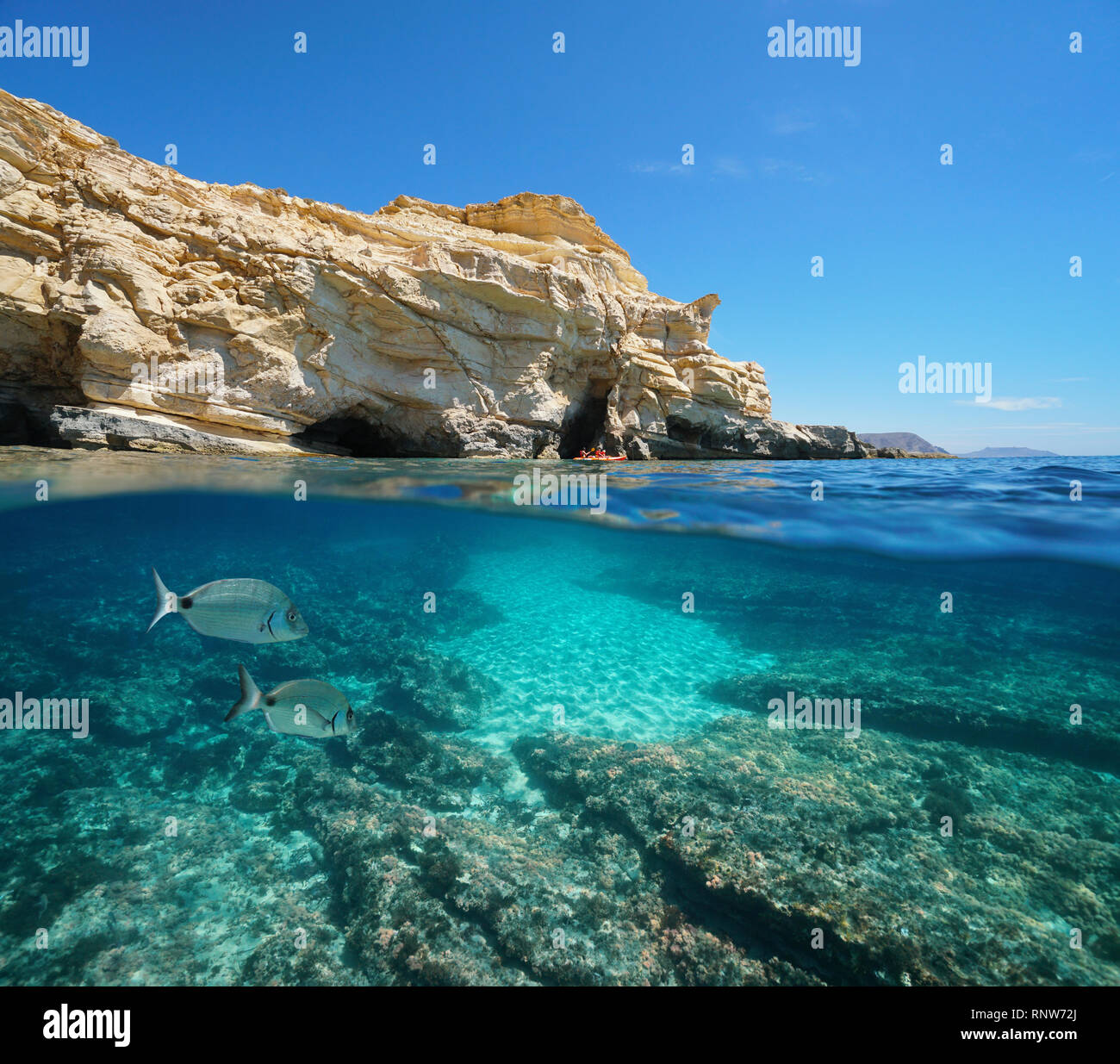 Spain rocky coast with fish underwater in the Cabo de Gata Nijar natural park near Las Negras, Mediterranean sea, Almeria, Andalusia, split view Stock Photo
