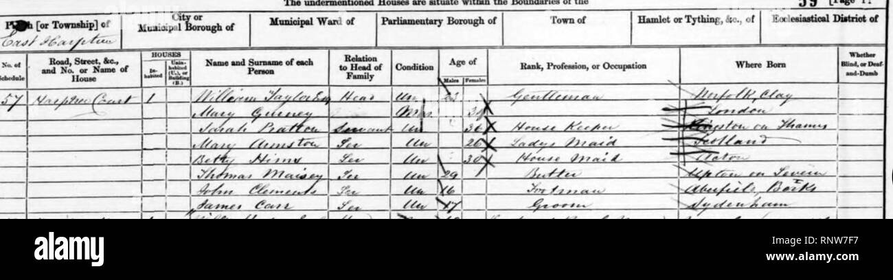 Census 1861 for Harptree Court. Stock Photo