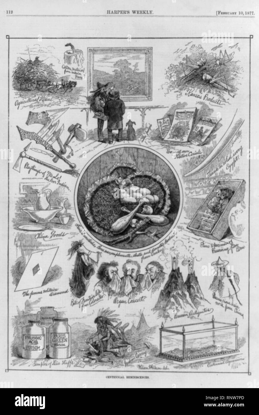 Centennial reminiscences (caricature of vignette scenes from 1876 Phila. Centennial expo., including ‘Indian carrying‘ (scalping scene), ‘bits of frontier life...‘ (handful of scalps) and Stock Photo