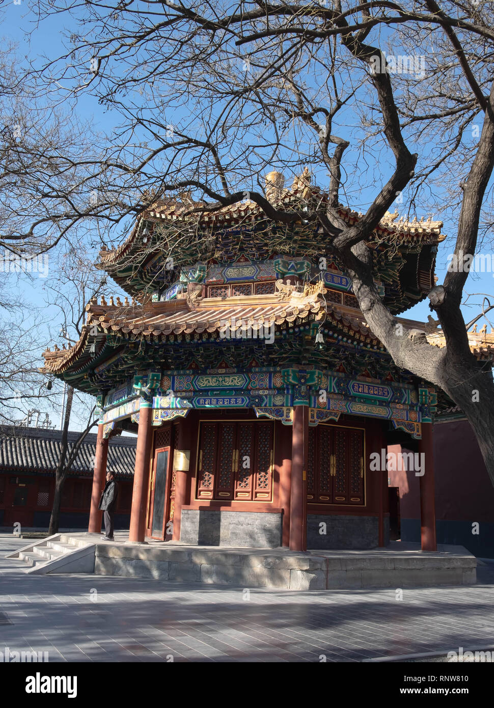 BEIJING/ CHINA, JANUARY 16, 2019: The red pavillion in Lama Temple (Yonghe temple). It’s one of the destination for travel in Beijing, China. Stock Photo