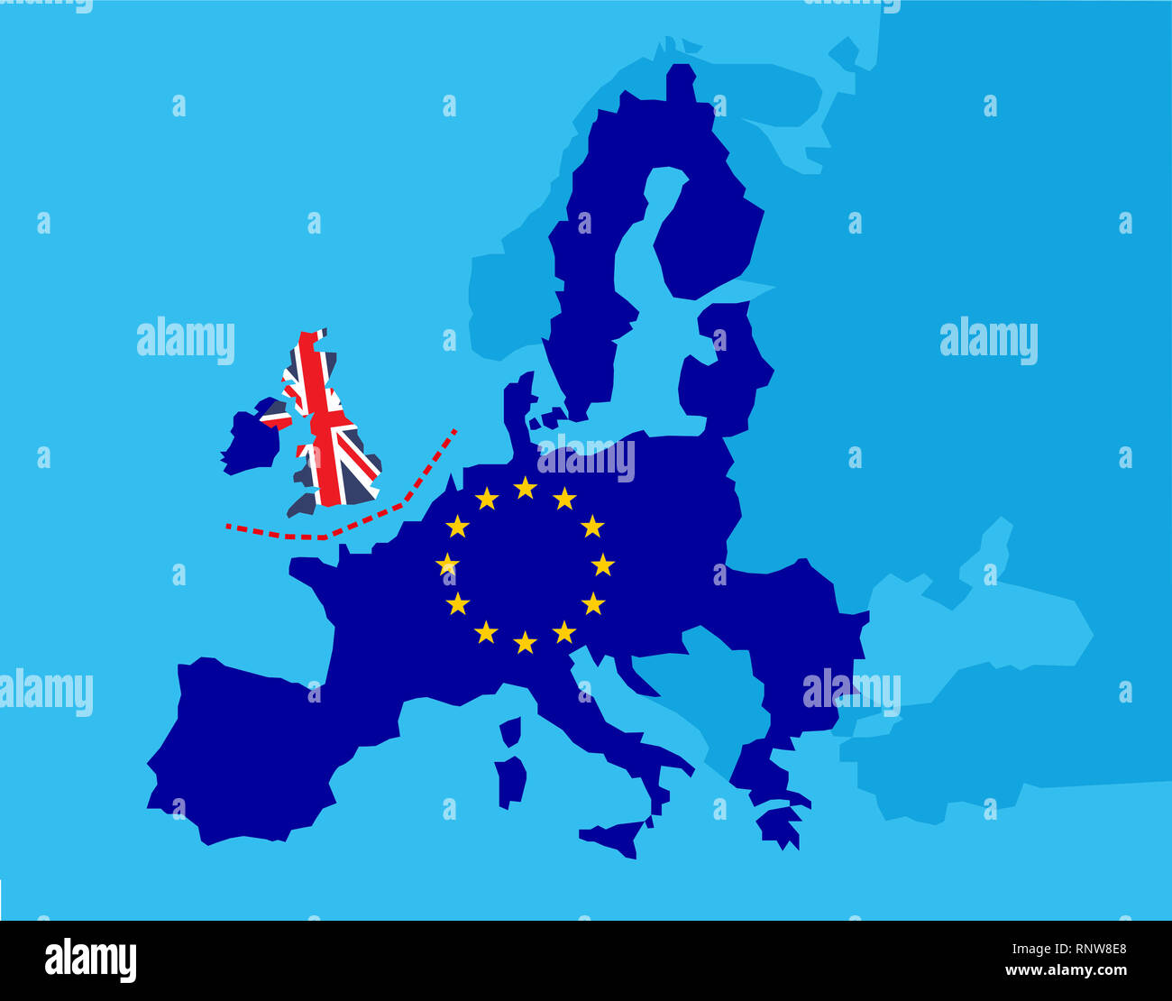 Brexit referendum UK concept - United Kingdom, Great Britain or England leaving EU with UK as a flag and EU stars on map of europe with border line to Stock Photo