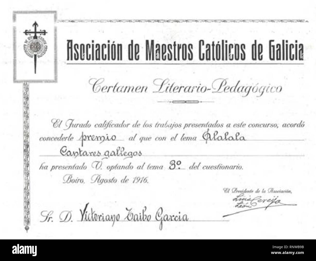 Certamen literario-pedagógico premio a Victoriano Taibo García Boiro Agosto de 1916. Stock Photo