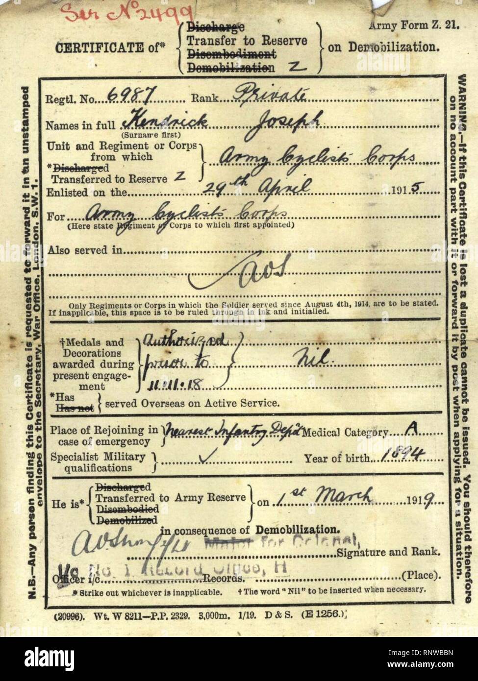 Certificate of Demobilization, Joseph Kendrick. Stock Photo