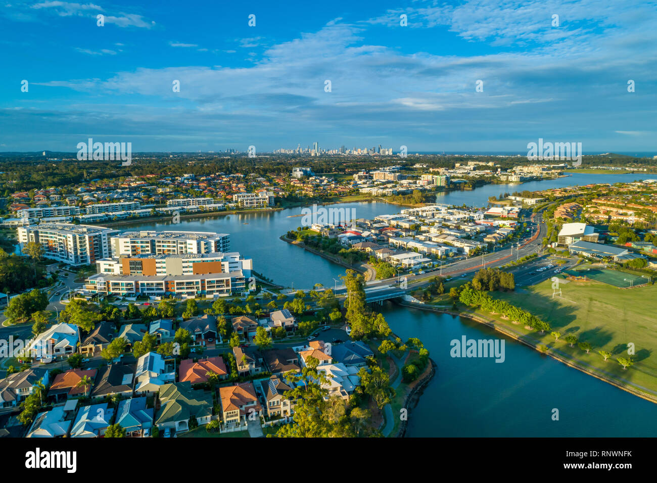Aerial view of luxury real estate of Varsity Lakes suburb on Gold Coast