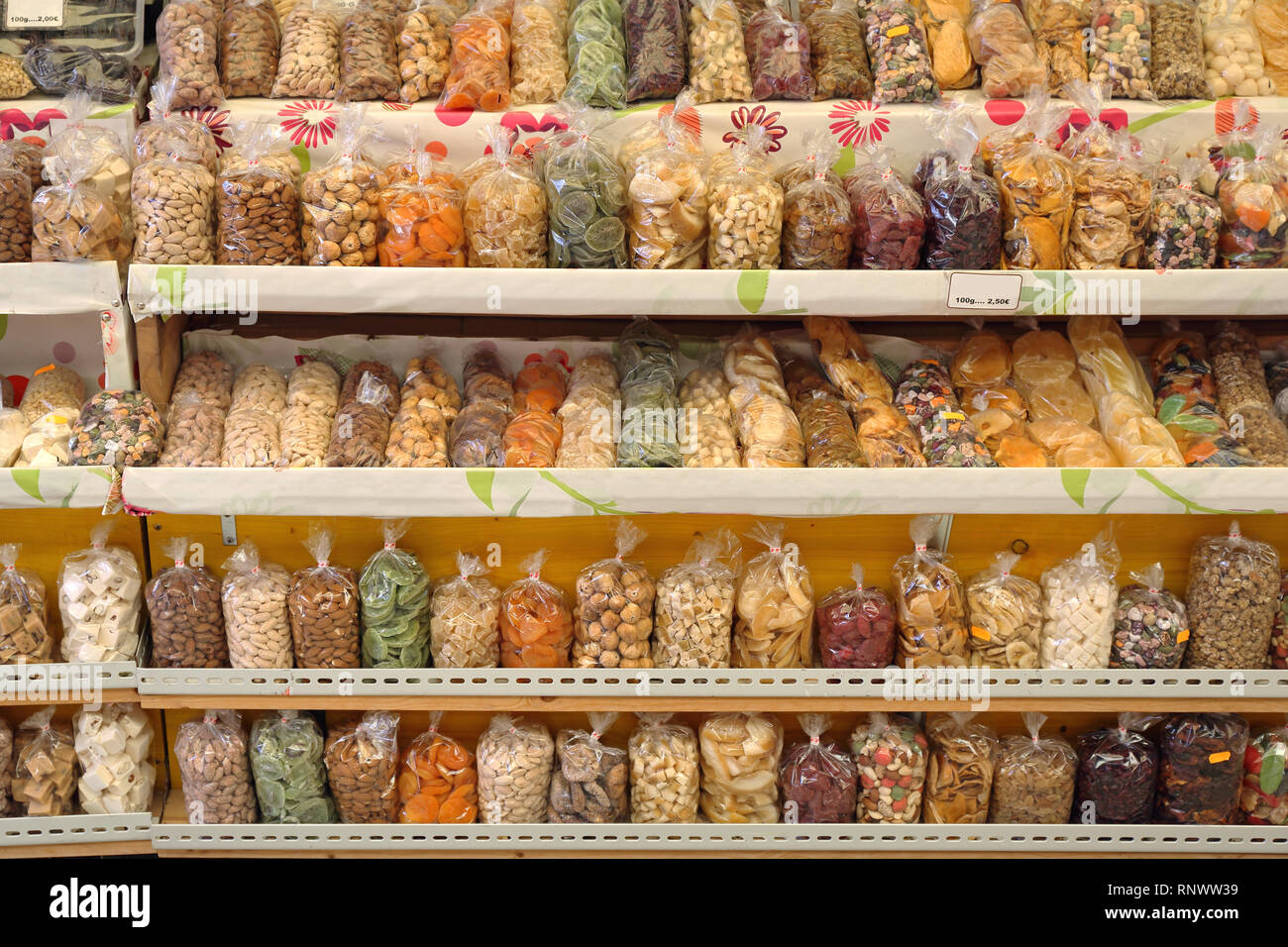 Dried Nuts and Fruits in Bags For Sale at Healthy Food Shop Stock Photo