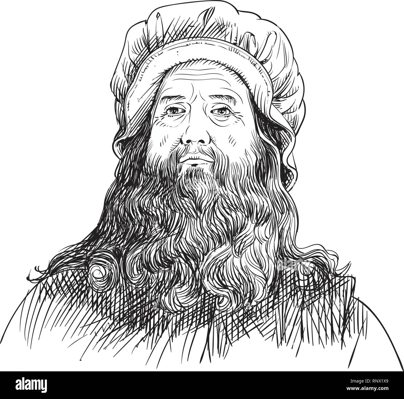 Leonardo Da Vinci portrait in line art illustration. Stock Vector