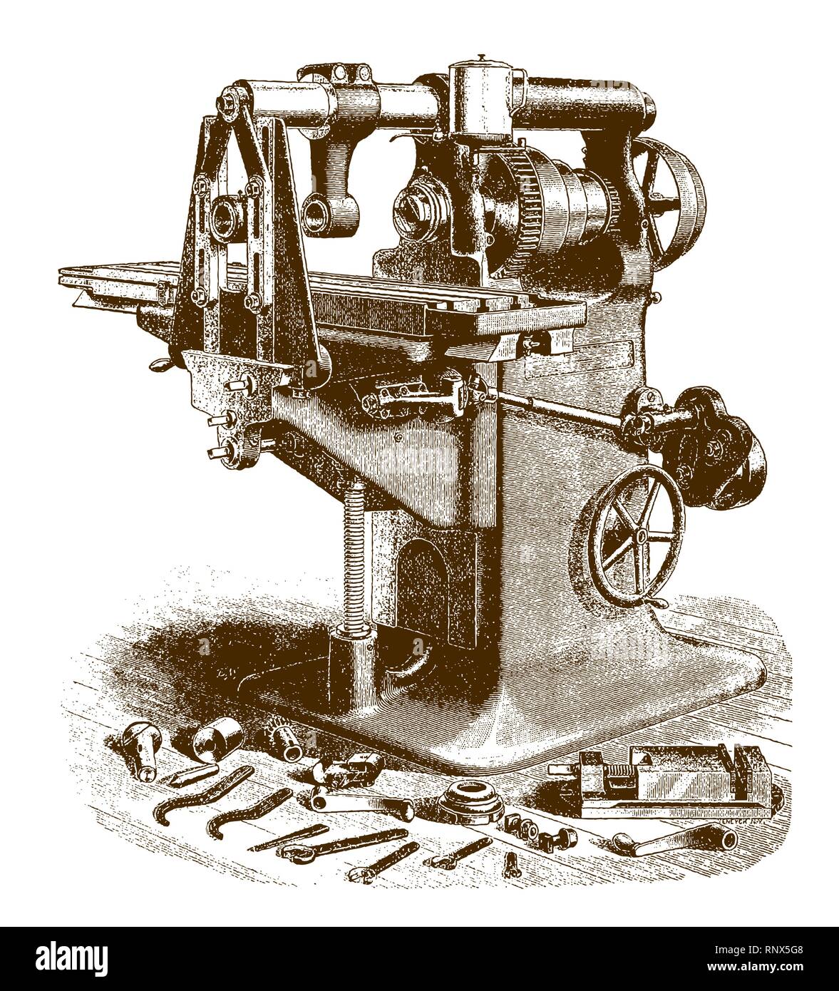 Historic plain milling machine (after an etching or engraving from the