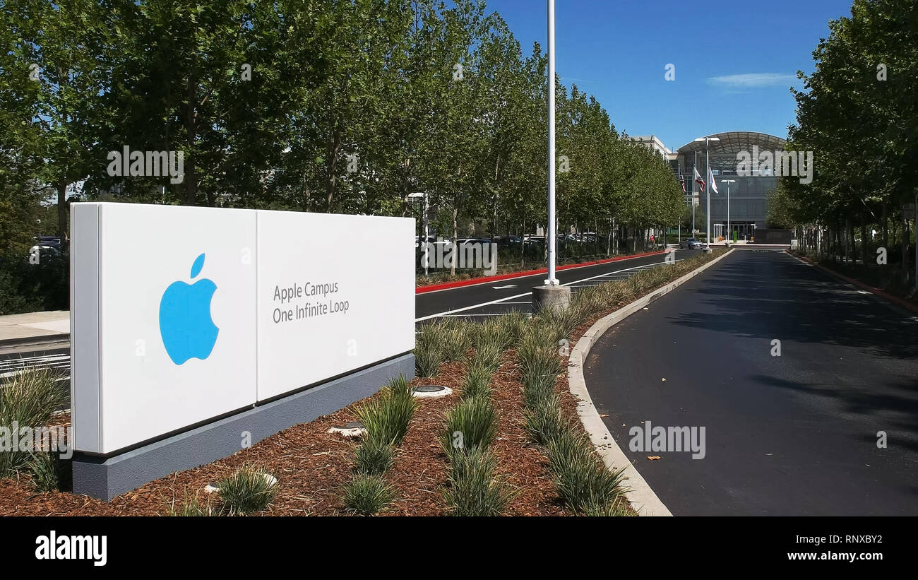 CUPERTINO, CA - AUGUST 28, 2015: entrance road to apple headquarters and one infinite loop located in cupertino Stock Photo