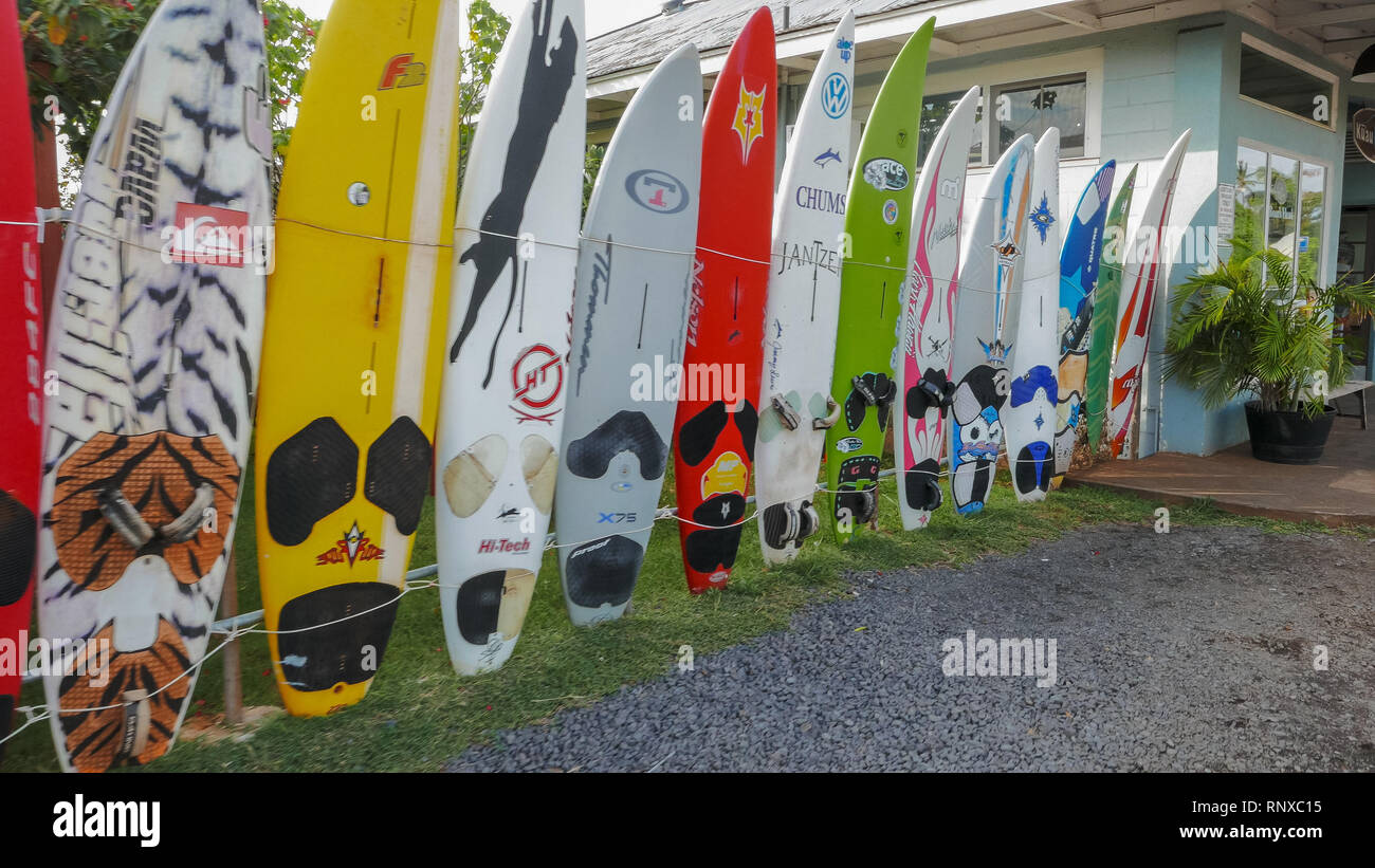 PAIA, UNITED STATES OF AMERICA - AUGUST 10 2015: old windsurfing boards at the town of paia on maui Stock Photo