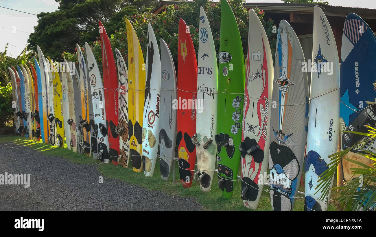 PAIA, UNITED STATES OF AMERICA - AUGUST 10 2015: rack of old windsurfing boards at the town of paia on maui Stock Photo