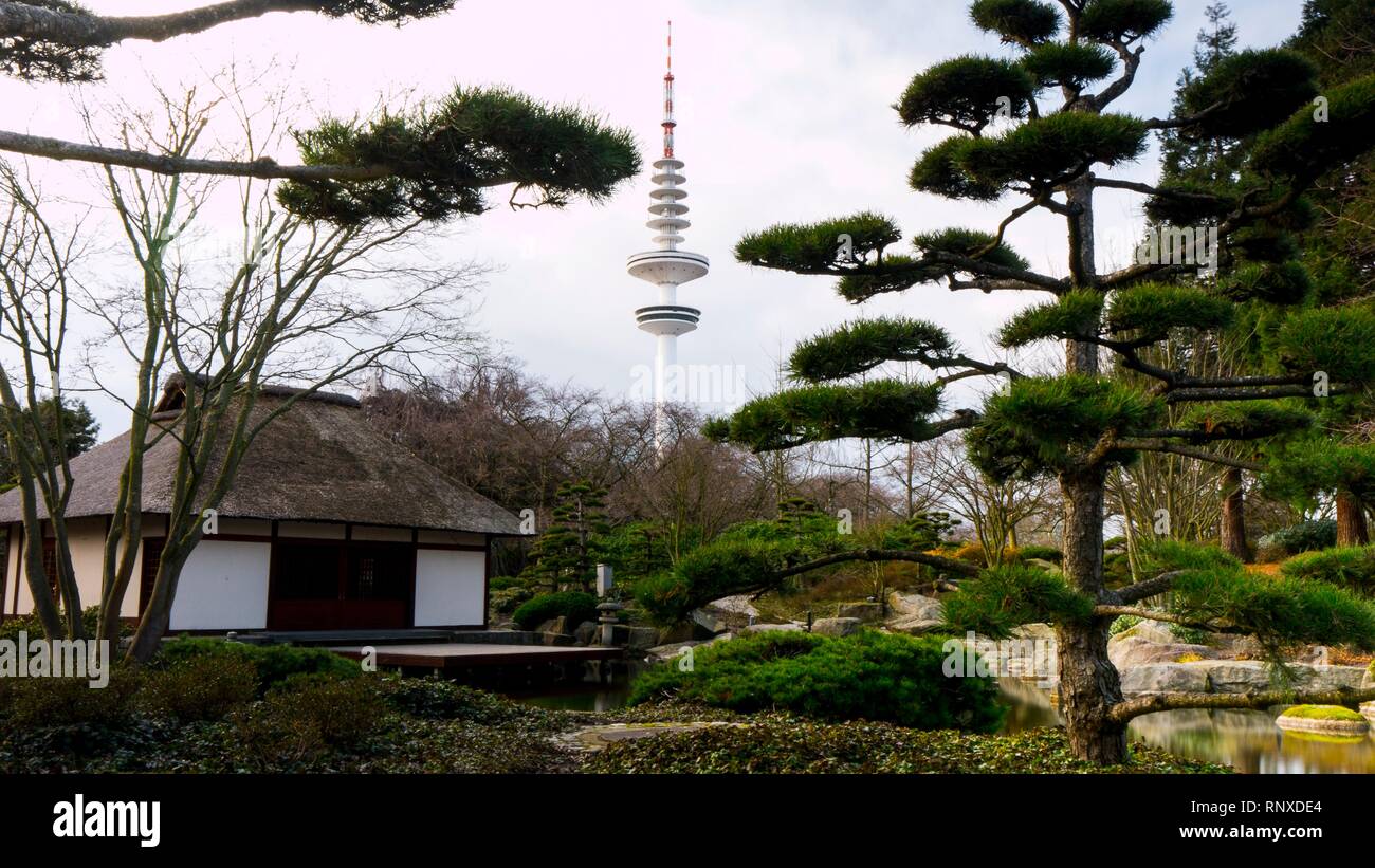 Planten Blomen with Heinrich-Hertz-Tower in the background Stock Photo