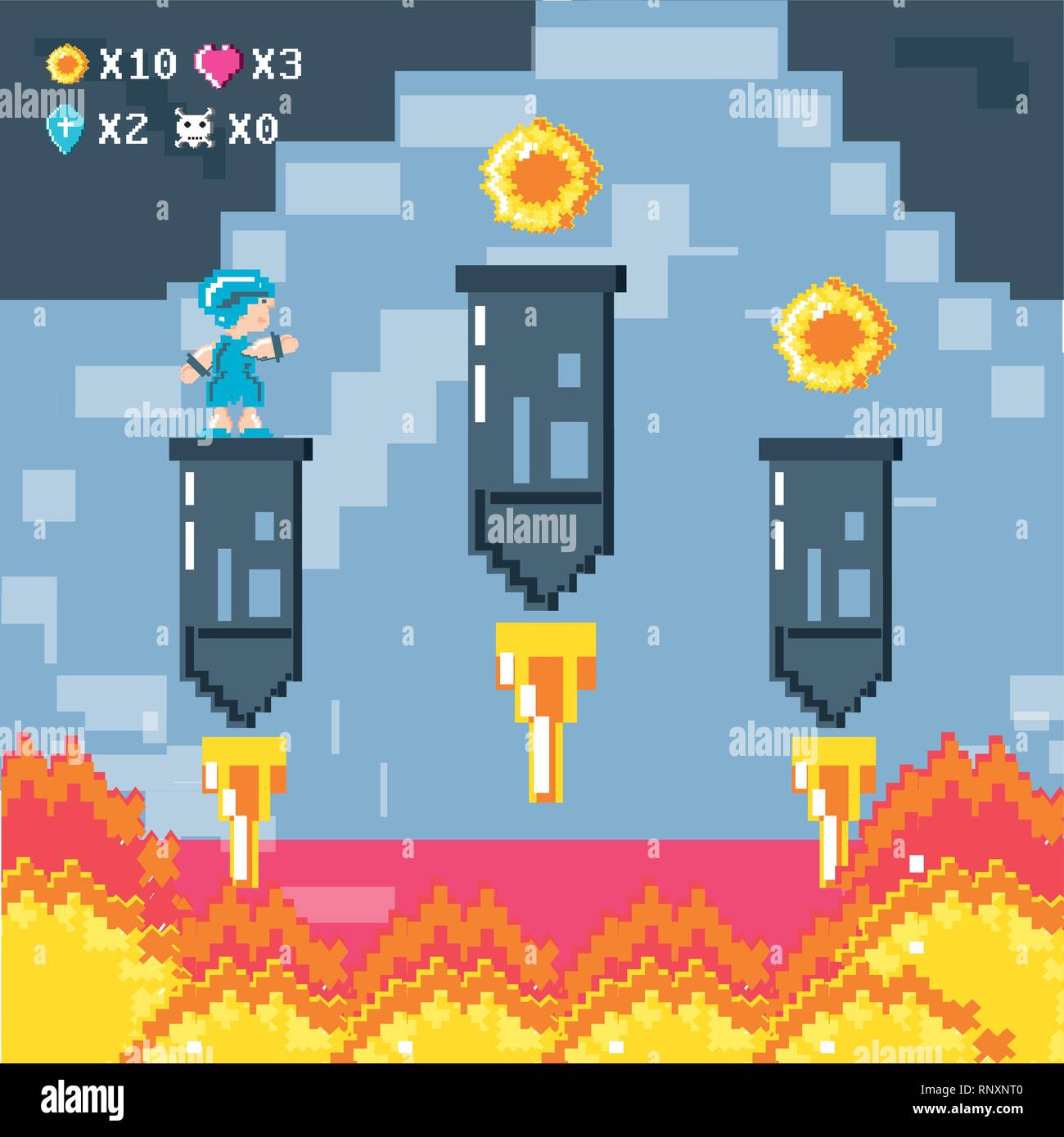 classic video game scene with warrior and flame vector illustration ...