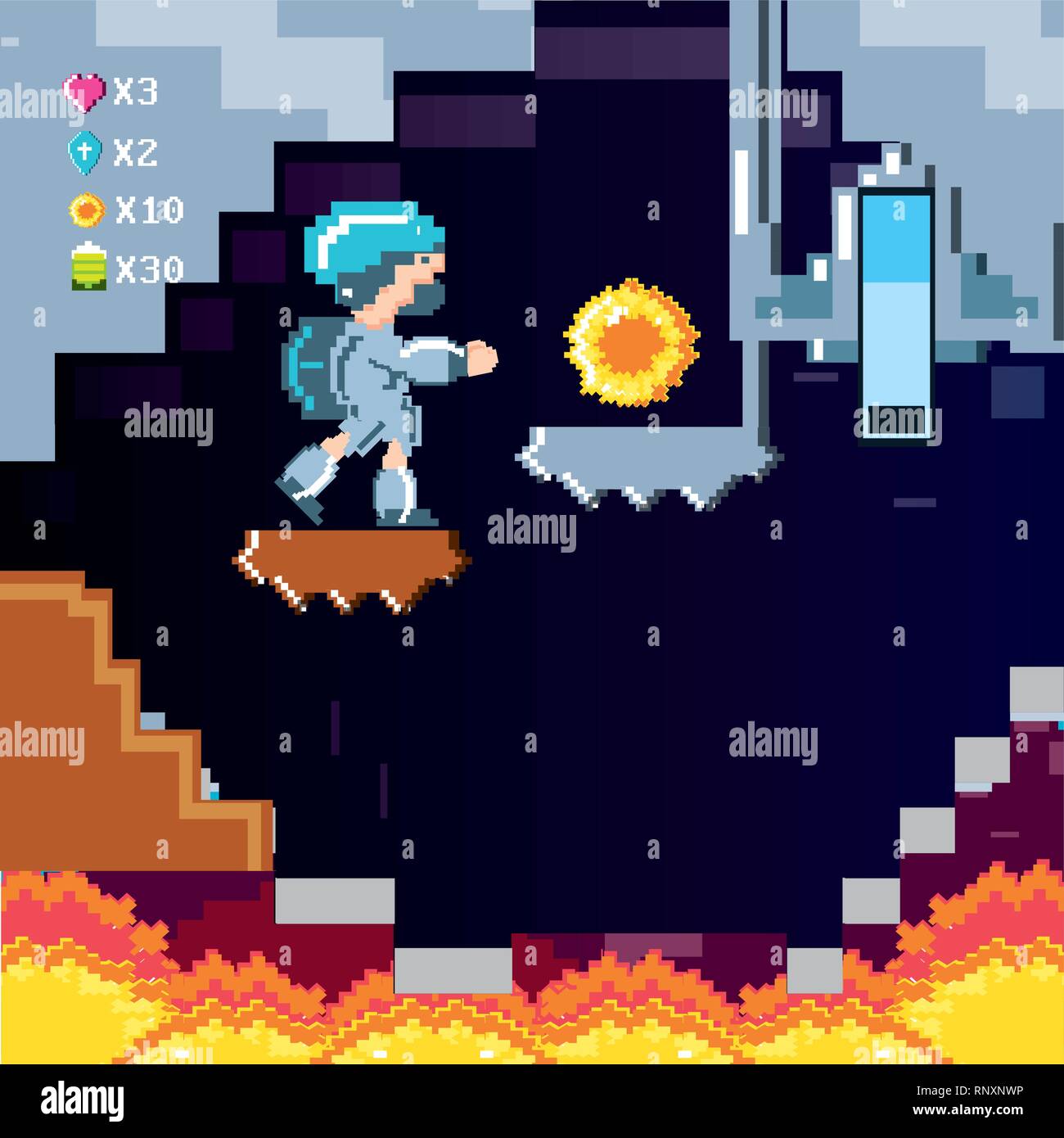 classic video game scene with warrior and flame vector illustration ...