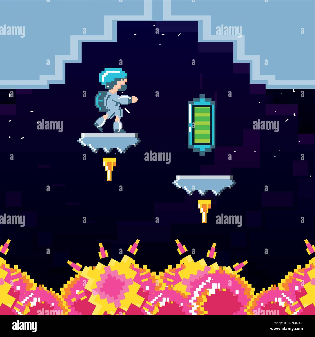 classic video game scene with warrior and flame vector illustration design Stock Vector