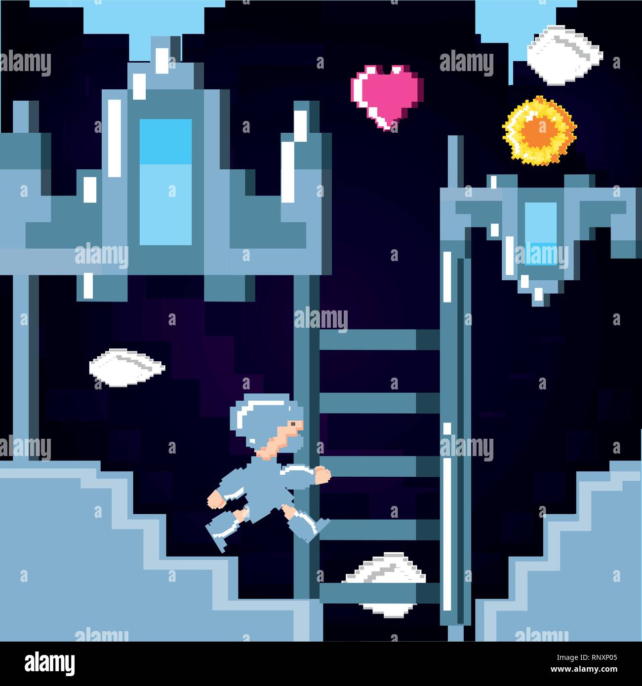 classic video game scene with warrior in stairs vector illustration ...